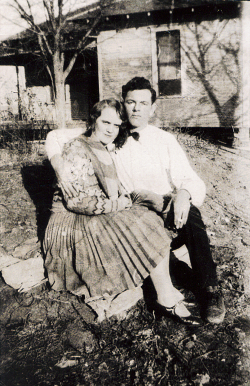 George Rice Jones and Lydia Barnes Jones wedding day portrait in Sallisaw, OK.  Ages 17 and 19.  July 29, 1927.