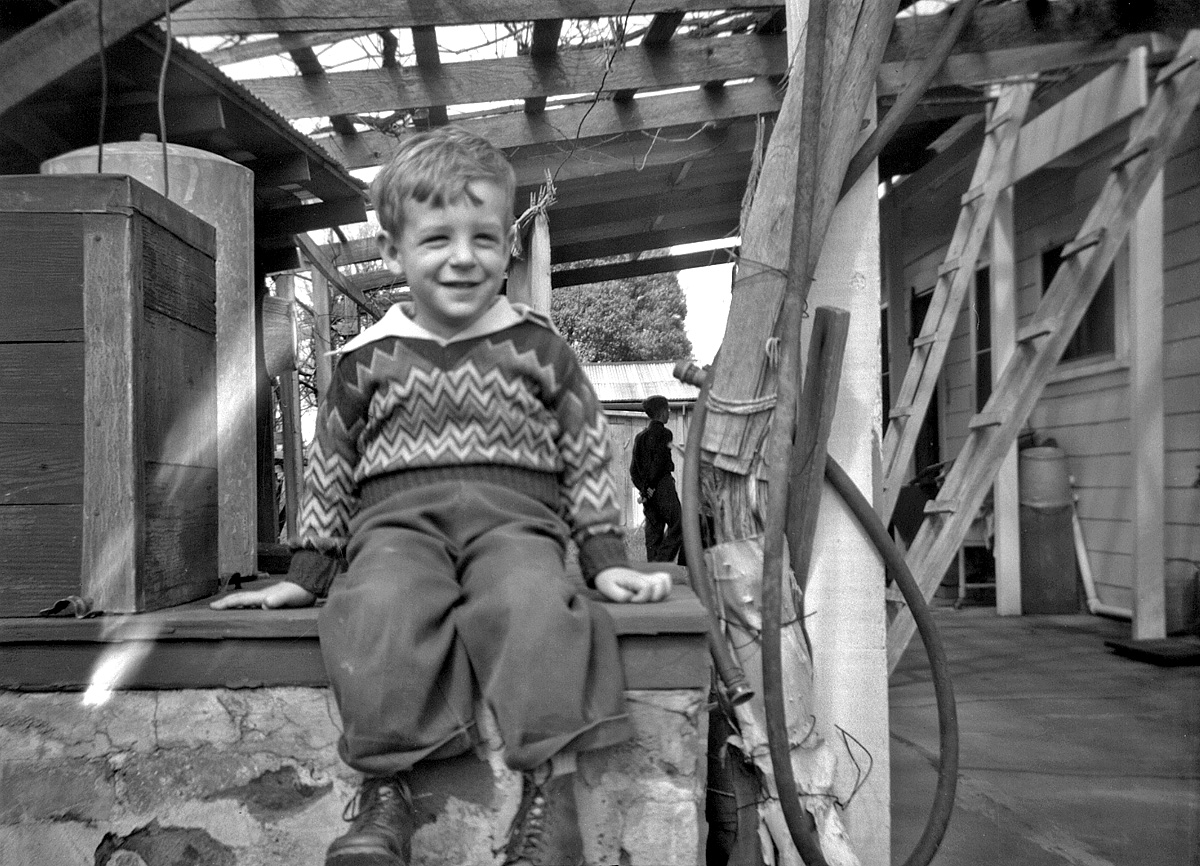  I'd love to have a sweater like that today, but back in 1949 what I was probably happy about was getting my picture taken, thereby being the center of attention. I'm sitting on the well at my grandparents' house in Calpella, California. That's my brother in silhouette down at the other end of the arbor. My grandfather built the house around 1915, and raised wine grapes on his ranch for about the next 40 years. He did really well during prohibition, but suffered when grape prices plunged after repeal, for which he held FDR personally responsible. He was a feisty Old Country Italian. View full size.
