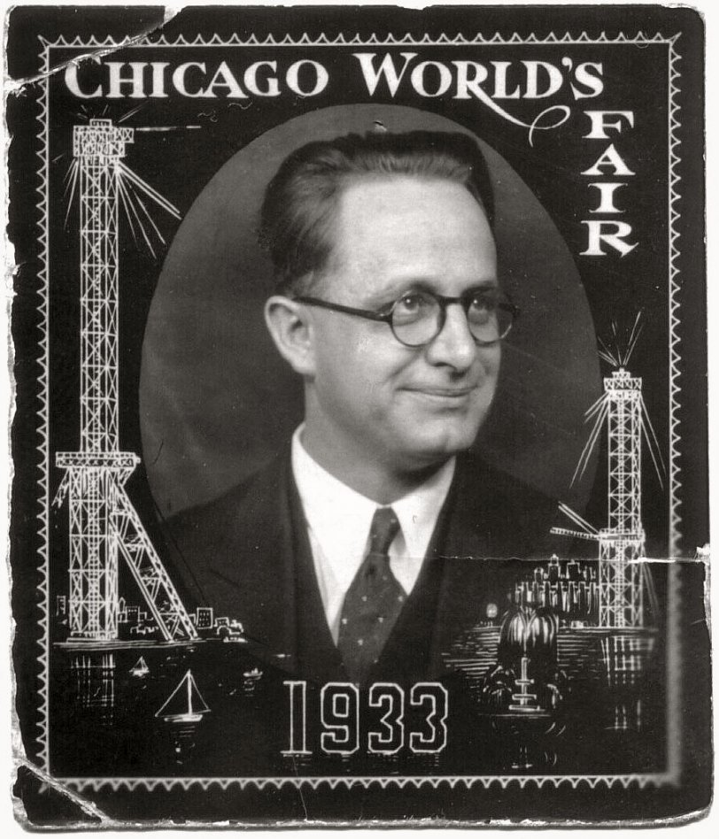 A tiny memento (only 1½ inches tall) of the 1933 Chicago World's Fair.  I hope he had a good time. View full size.

