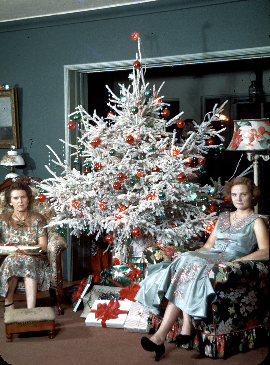 &nbsp; &nbsp; &nbsp; &nbsp; &nbsp; Another stocking-stuffer from the Shorpy Christmas closet:

Christmas 1954. My grandmother Sarah Hall (1904-2000, last seen here) and her daughter, my Aunt Barbara (1935-2017), at home in Miami Shores. 35mm Kodachrome by my grandfather Shepard. The tree is a northern blue spruce, spray-painted white with his workshop air compressor. View full size.