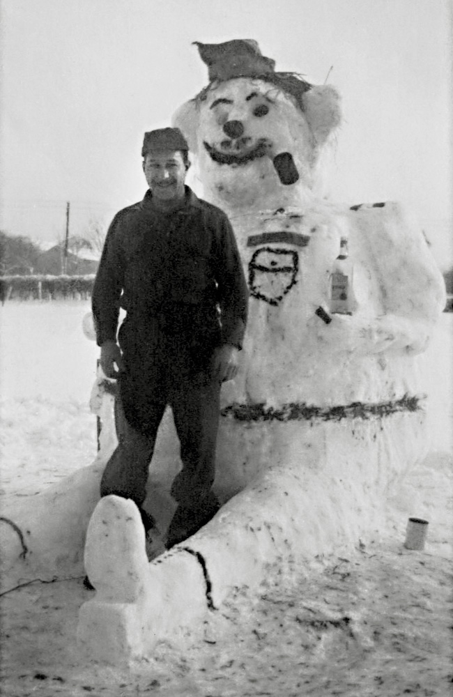 "Betty, If you think we don't have snow here, take a look at Cpt. Santa. HaHa! Smoke the combat stars + ribbins, Dodie" (sic) reads the caption on the back. Taken by my Uncle Dodie Mazzaro (shortened to Matz) and sent to my Aunt Betty during WW2. View full size.