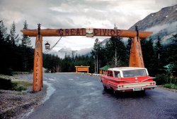 Today we continue documenting the annual vacation odysseys of the Red Chevy family from Great Falls with a 35mm Kodachrome titled: "Great Divide at Kicking Horse Pass, Yoho National Park, Alberta, Canada. July 18, 1961." I found these on eBay — picture after picture of the family car, a 1960 Chevrolet, every summer from 1960 to 1964. More below, including the actual kids. View full size.