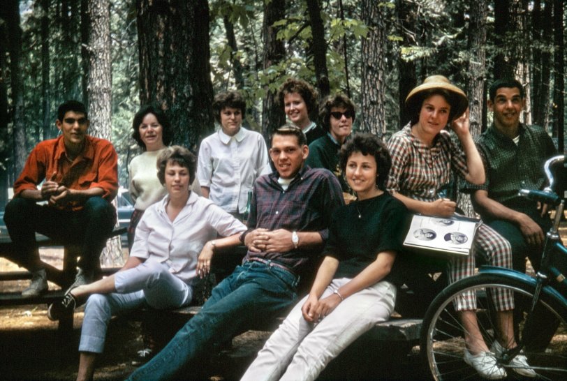Spring 1961. My brother was just completing his first year teaching English at a Sacramento, California area high school and accompanied some of his students on a trip to Yosemite, where he snapped this Kodachrome slide. Coincidentally, I was completing my first year as a high schooler, and can therefore testify to the authenticity of the garb. View full size.

