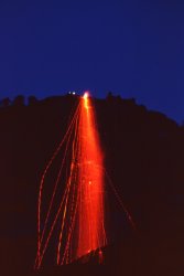 Photo of Yosemite National Park's fire fall, circa 1956.  Taken from Camp Curry with Nikon S with 135mm lens and Kodachrome film. View full size.
(ShorpyBlog, Member Gallery)