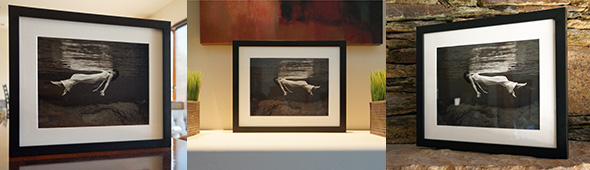Images of a framed 'Floating Lady' print.